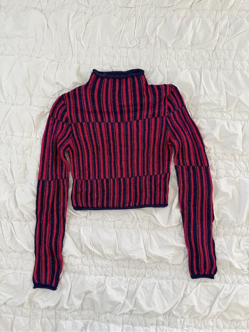 Urban Outfitters Striped Mock Neck Cropped Sweater - Red & Navy XS